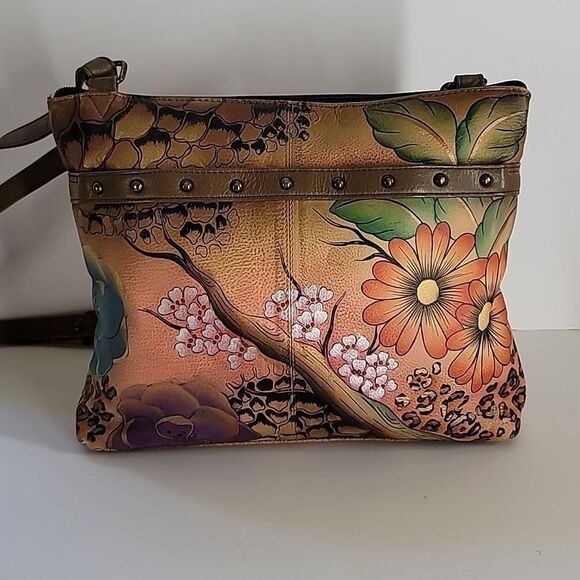 Anuschka Leather Hand Painted Artist Handbag & Coin Purse Floral Signed - Picture 2 of 9